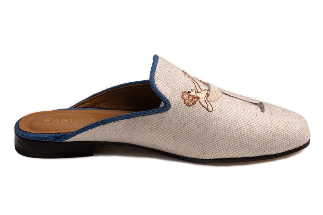 Beige linen slipons with his and hers embroidery. Bespoke handmade slippers