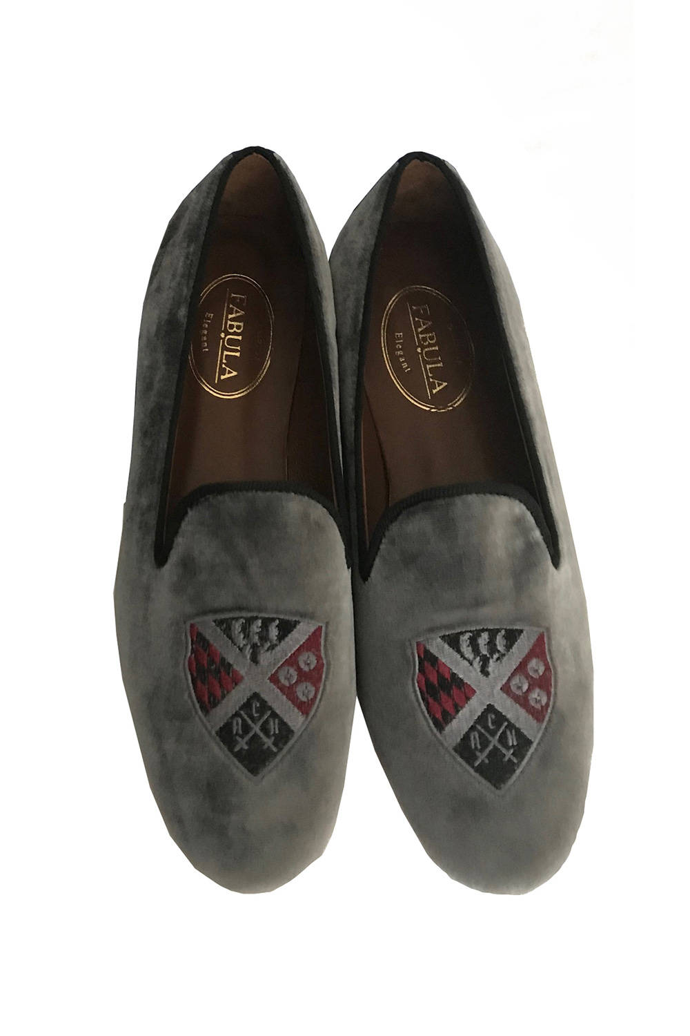 gray velvet slippers for men with a burgundy embroidery