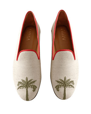 Beige linen slippers with red grosgrain trimming and palm tree embroidery. Bespoke handmade slippers