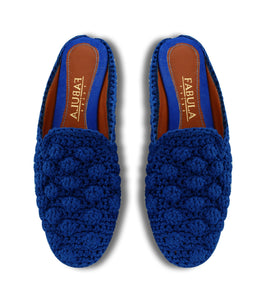 Blue macrame hand knitted slipons with natural nubuck leather sole.