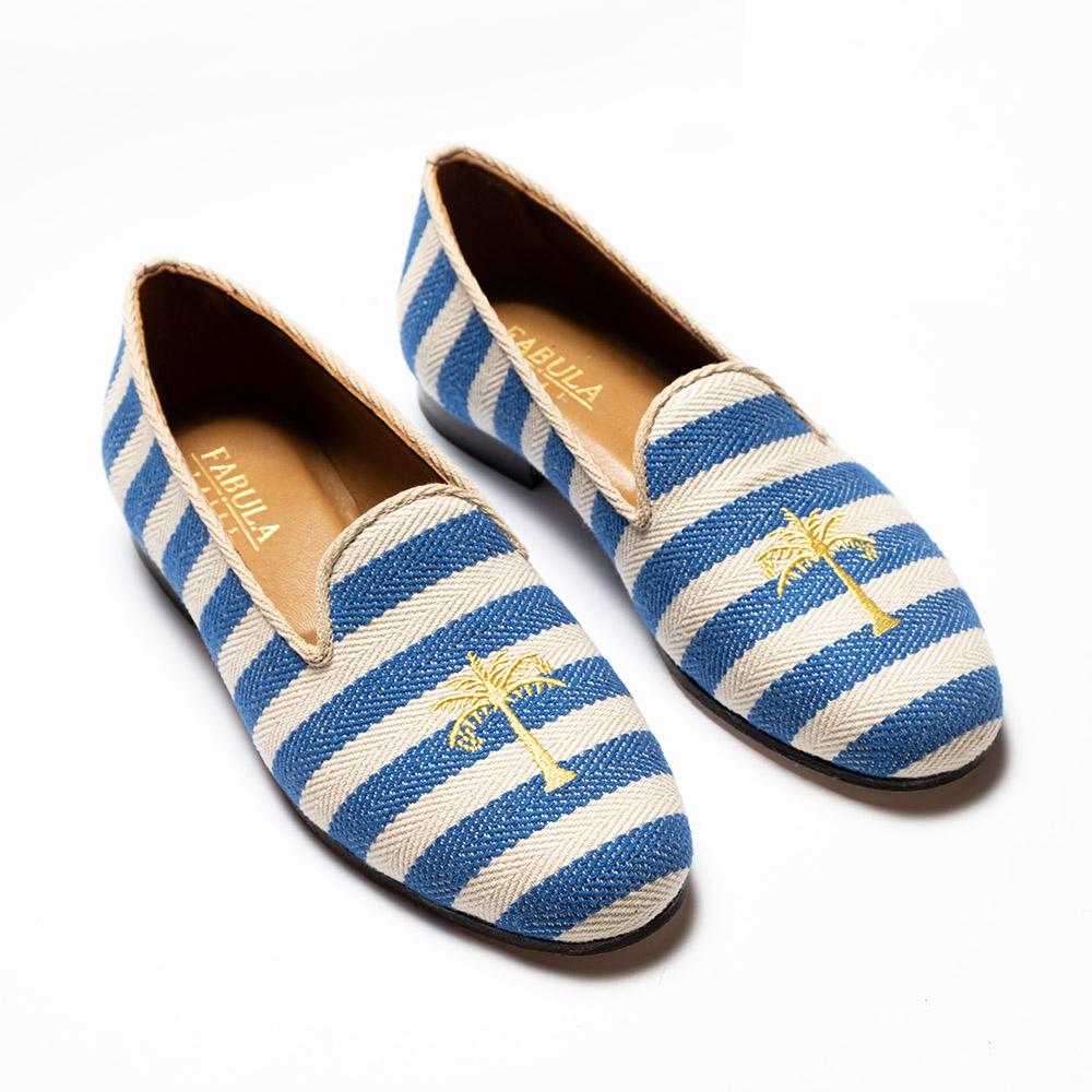 Navy and beige striped linen slippers with grosgrain trimming and palm tree embroidery. Bespoke handmade slippers