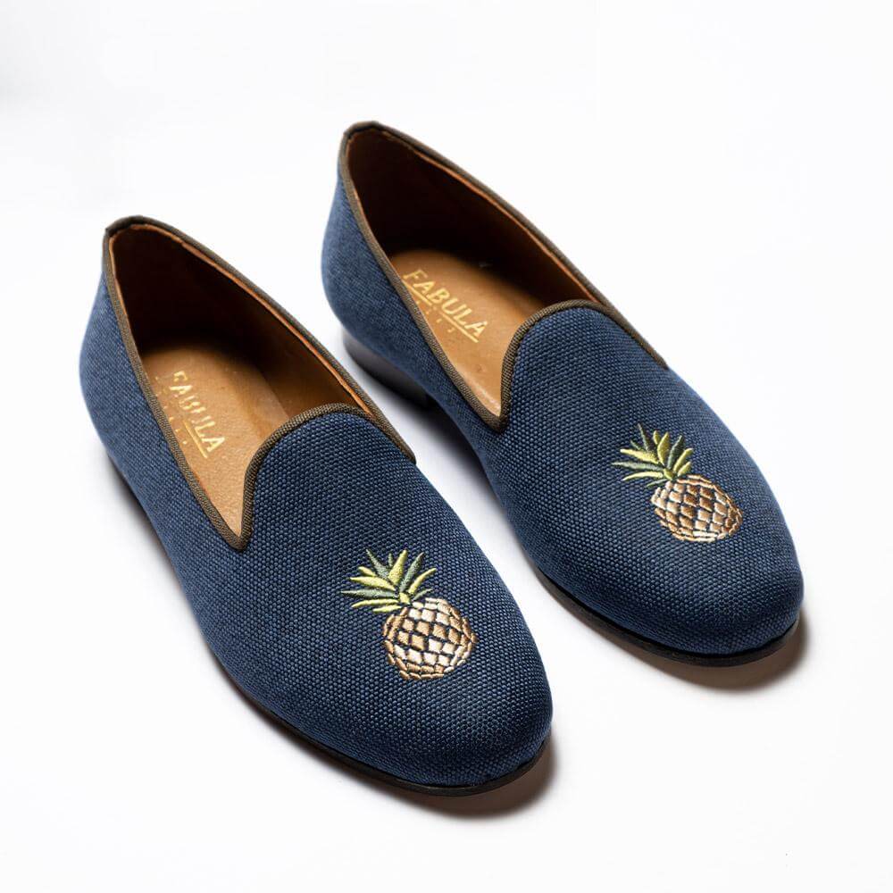 Navy linen slippers with brown grosgrain trimming and pineapple embroidery. Bespoke slippers