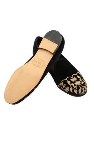 leather sole black velvet slippers with golden embroidery for women
