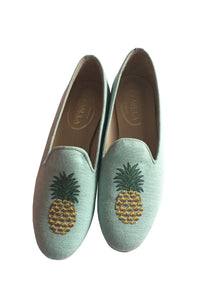 green linen slippers for women with a pineapple embroidery