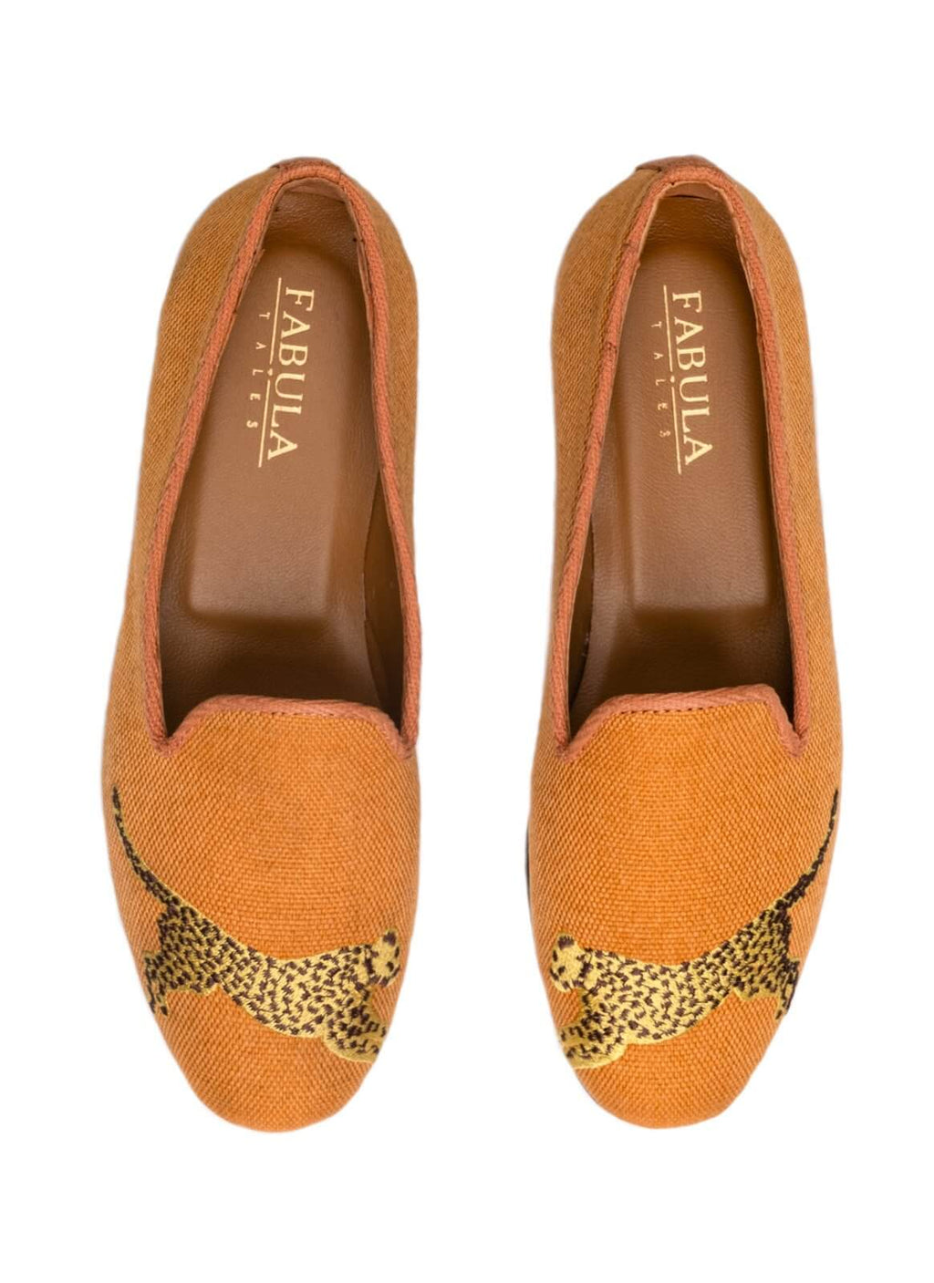 orange linen slippers with orange grosgrain trimming, leopard embroidery on top and nubuck leather sole.