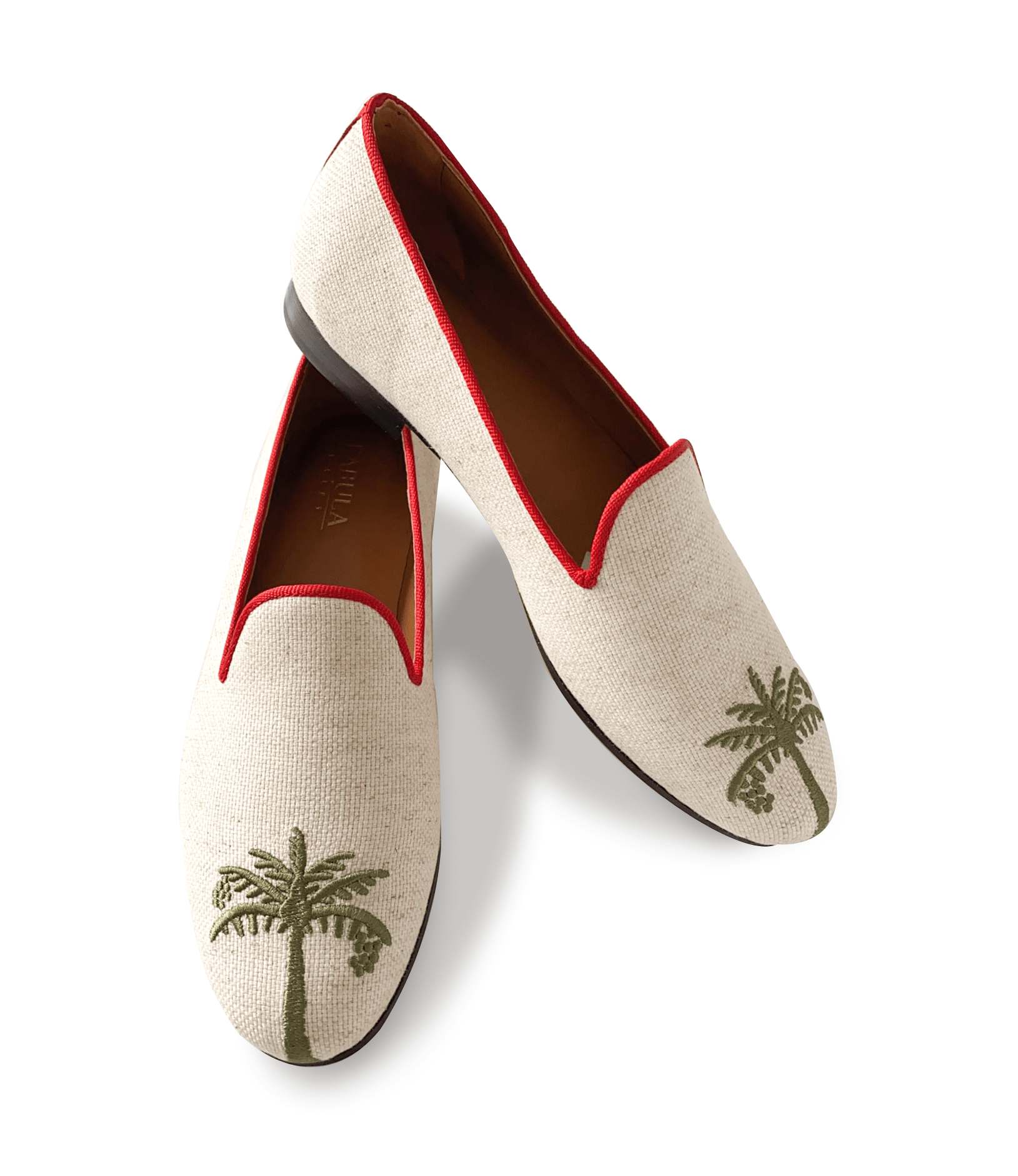Beige linen slippers with red grosgrain trimming and palm tree embroidery. Bespoke handmade slippers