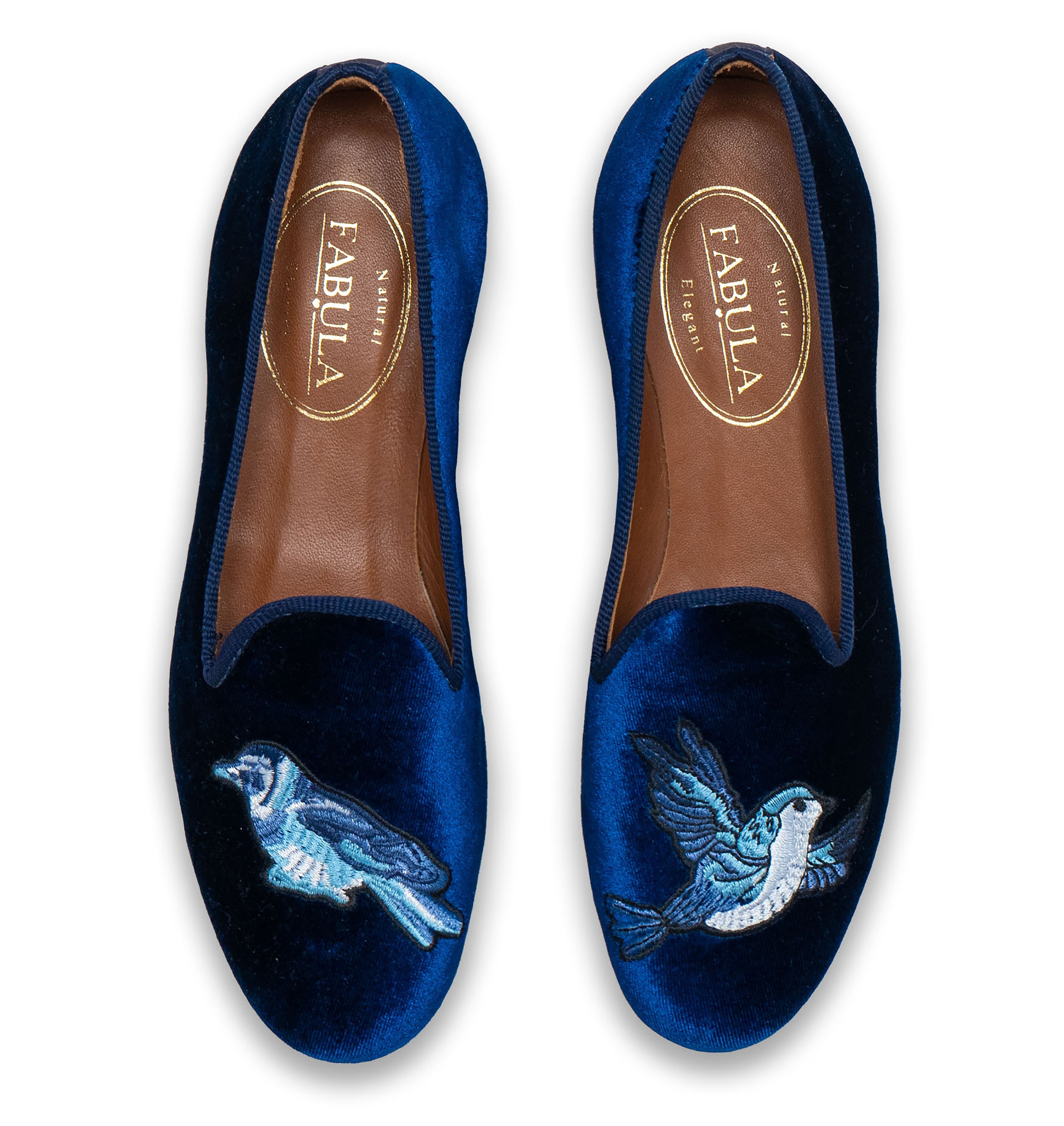 handmade navy velvet slippers with a blue bird embroidery
