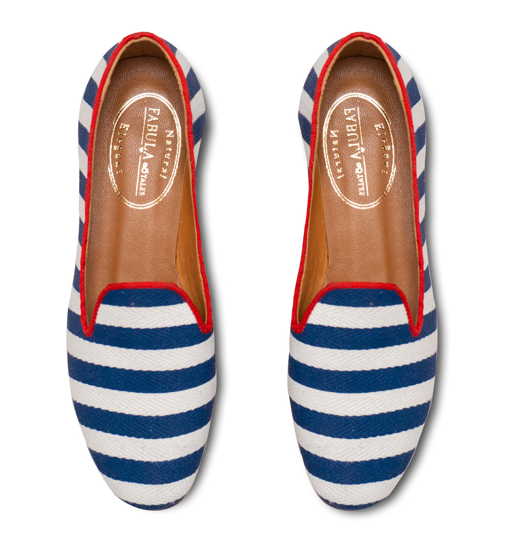 navy white striped linen slippers 
