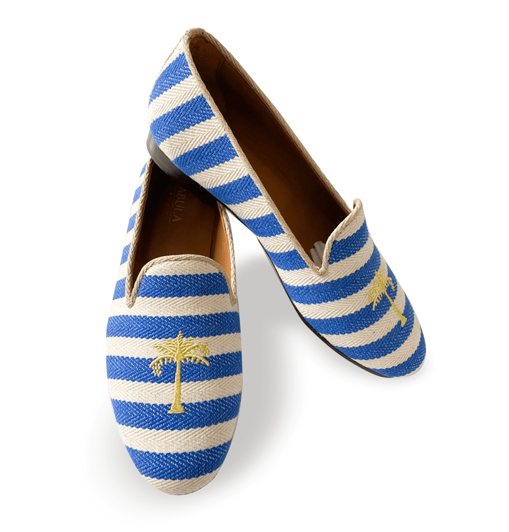 Navy and beige striped linen slippers with grosgrain trimming and palm tree embroidery. Bespoke handmade slippers
