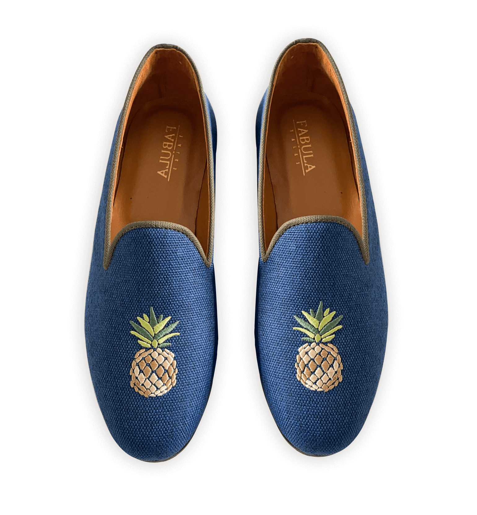 Navy linen slippers with brown grosgrain trimming and pineapple embroidery. Bespoke slippers