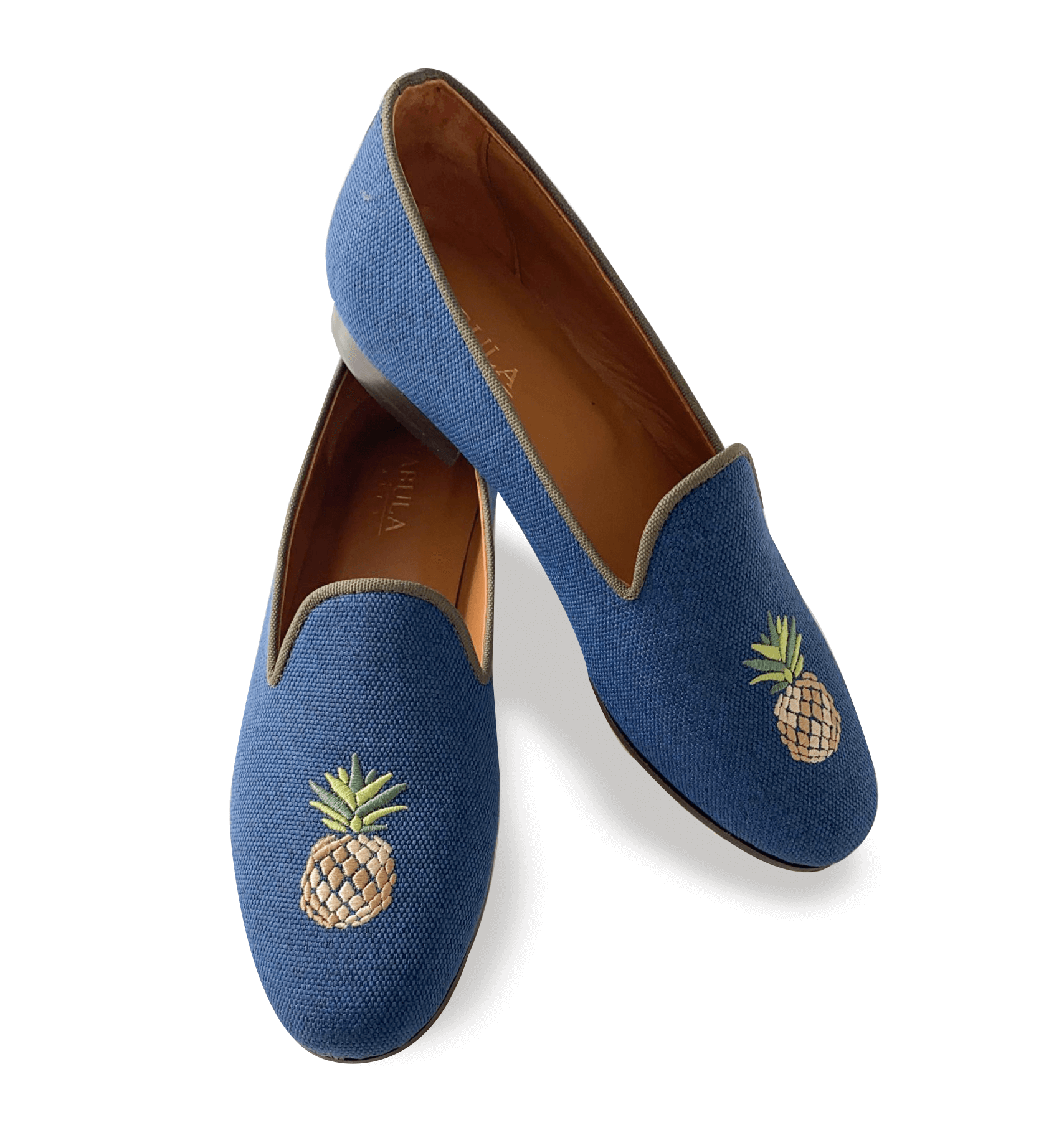 Luxury navy linen slippers with brown grosgrain trimming and pineapple embroidery. Bespoke slippers