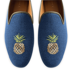Navy linen slippers with brown grosgrain trimming and pineapple embroidery. Bespoke slippers
