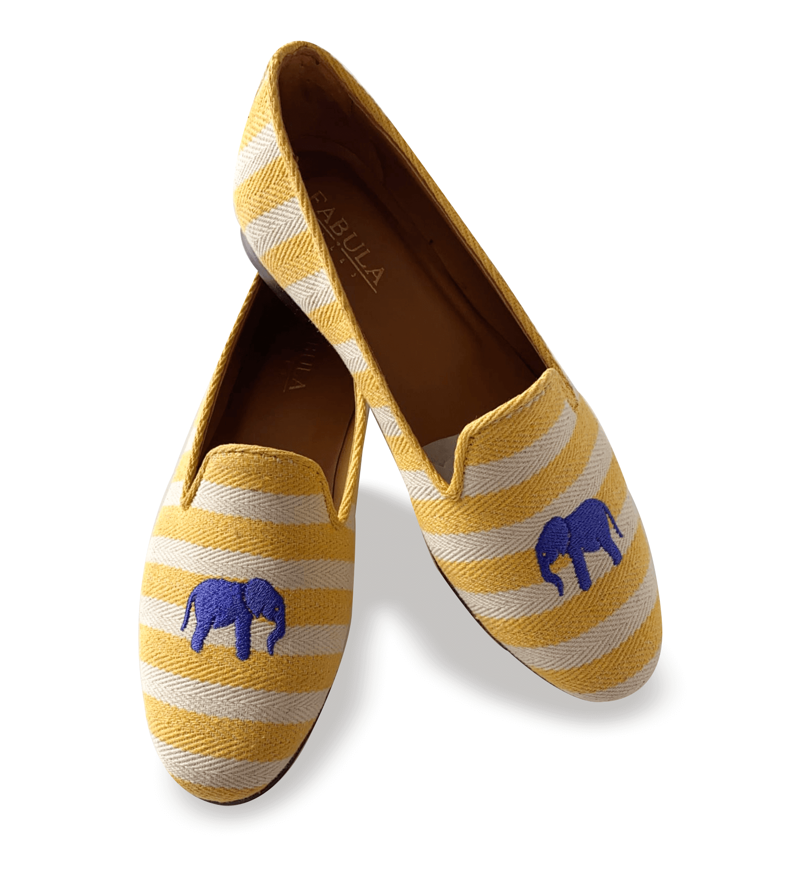 Luxury yellow and beige striped linen slippers with yellow grosgrain trimming, blue elephant embroidery on top and nubuck leather sole.