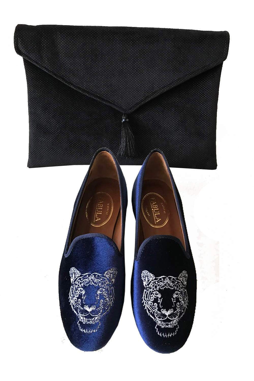 handmade navy slippers with a leon embroidery