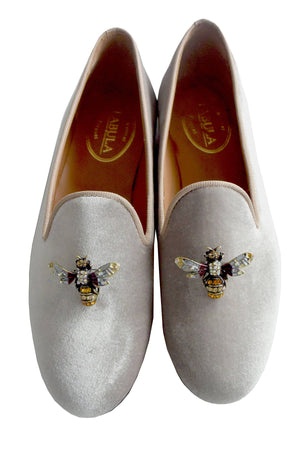 gray bespoke velvet slippers with bee brooches