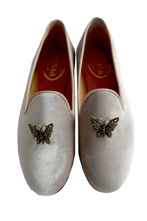 gray bespoke velvet slippers with butterfly brooches
