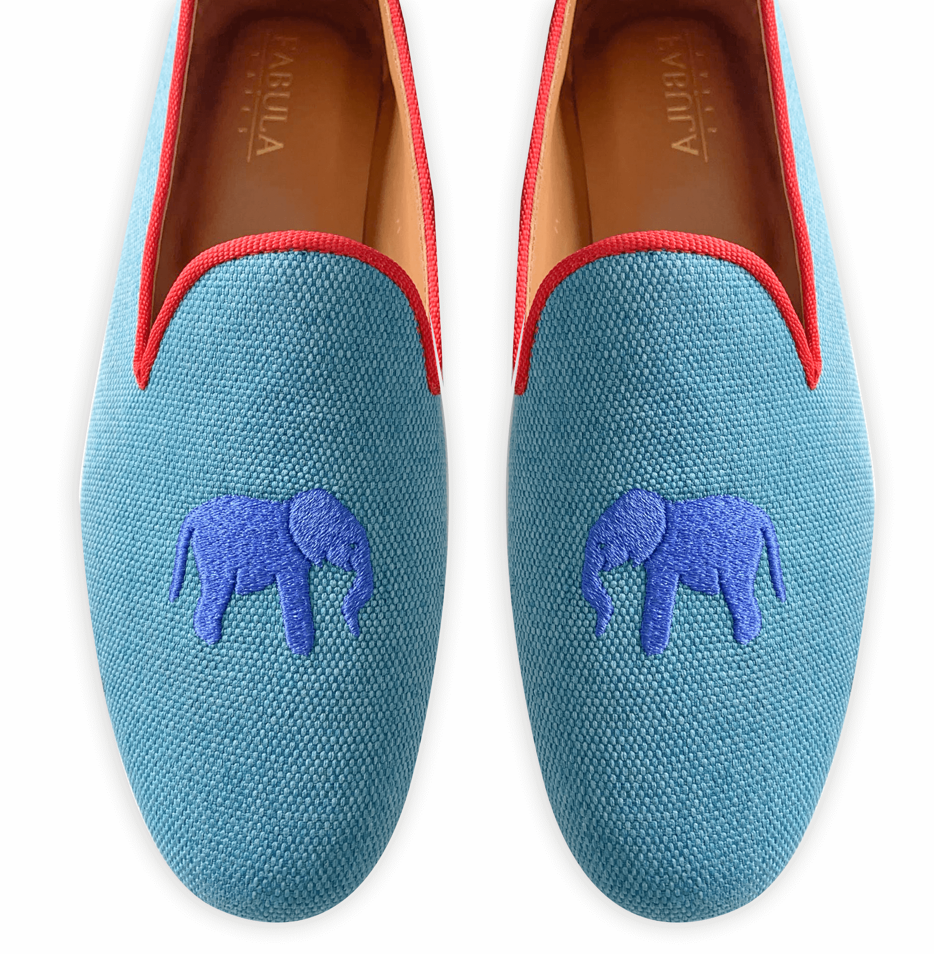 Blue linen slippers with red grosgrain trimming, blue elephant embroidery on top and nubuck leather sole.
