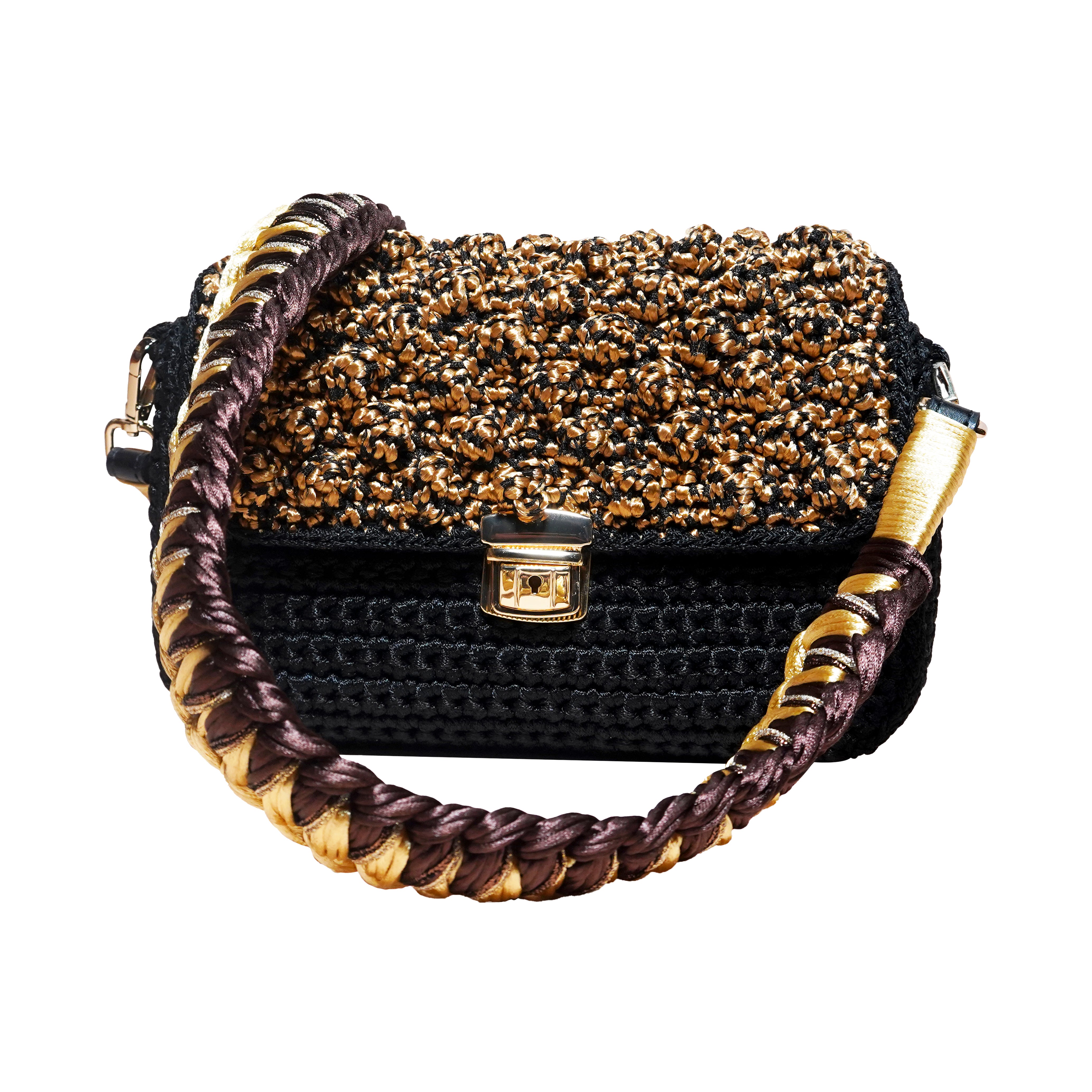 handmade black knitted bag with a golden handmade strap