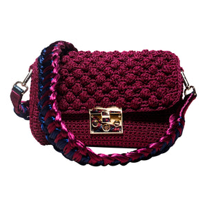 handmade burgundy crochet bag with a knitted strap