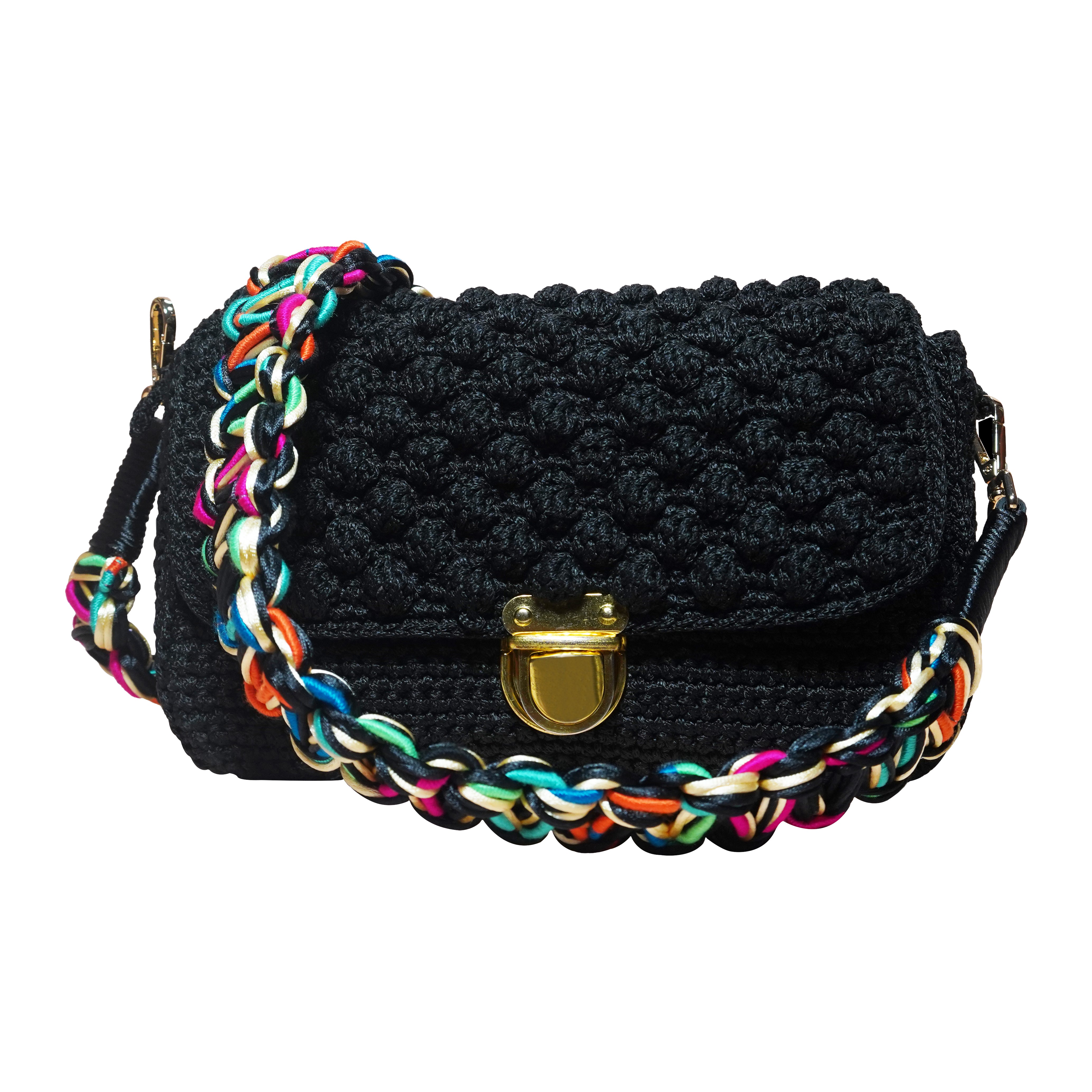 handmade black knitted crochet bag with a colourful shoulder strap