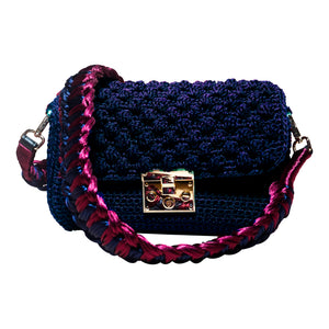 handmade navy crochet bag with a burgundy knitted strap
