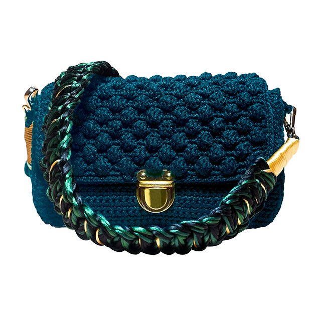 dark green handmade knitted crochet bag with a handmade shoulder strap