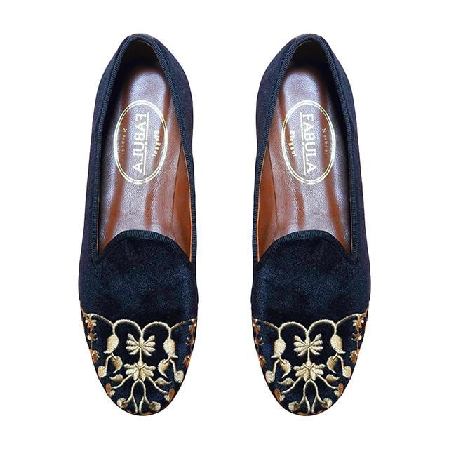 Black velvet slippers with golden embroidery. Natural leather nubuck soled.