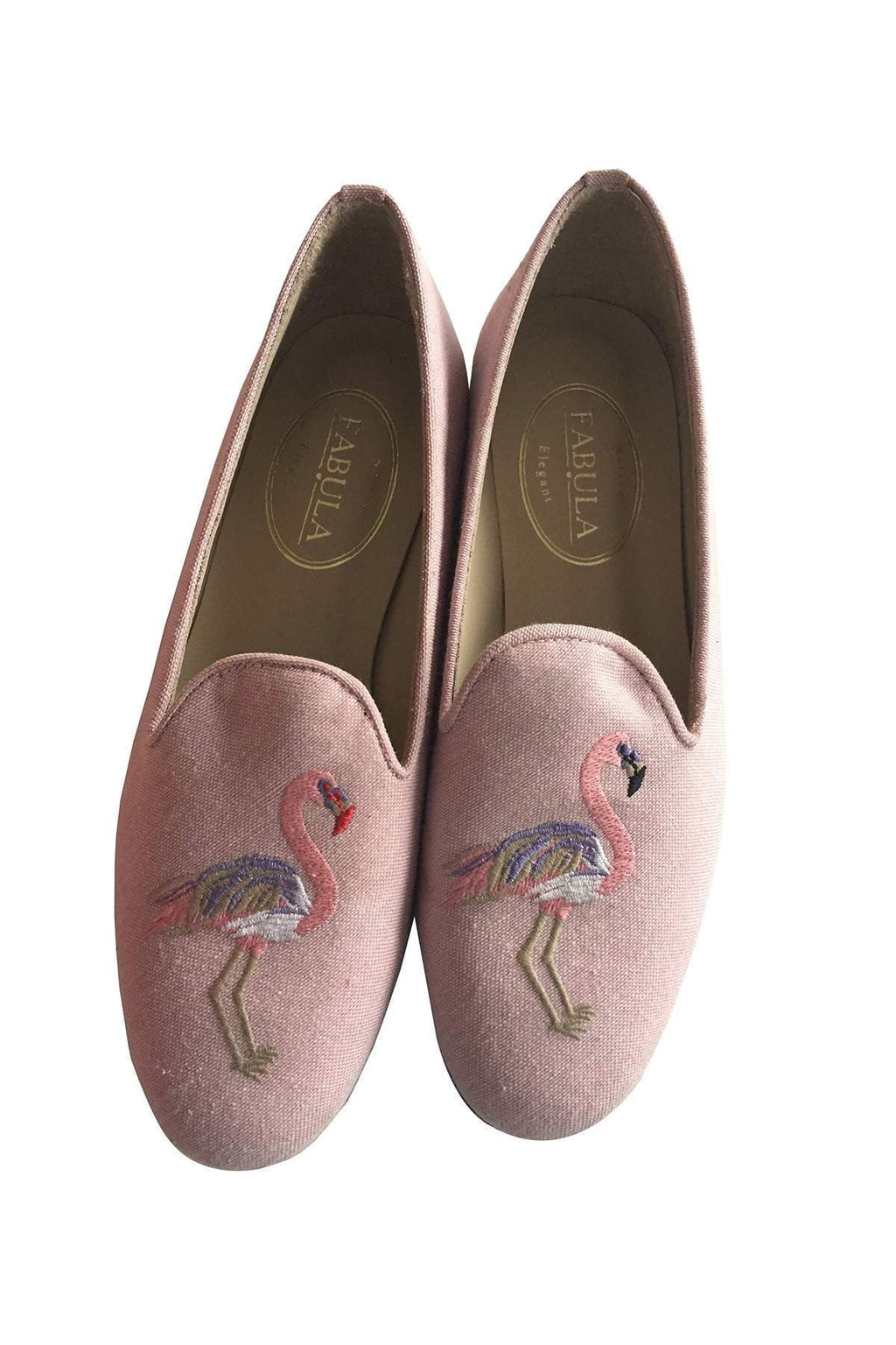 pink linen slippers with a flamingo embroidery for women