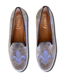 light gray velvet slippers with a fleur de lis embroidery