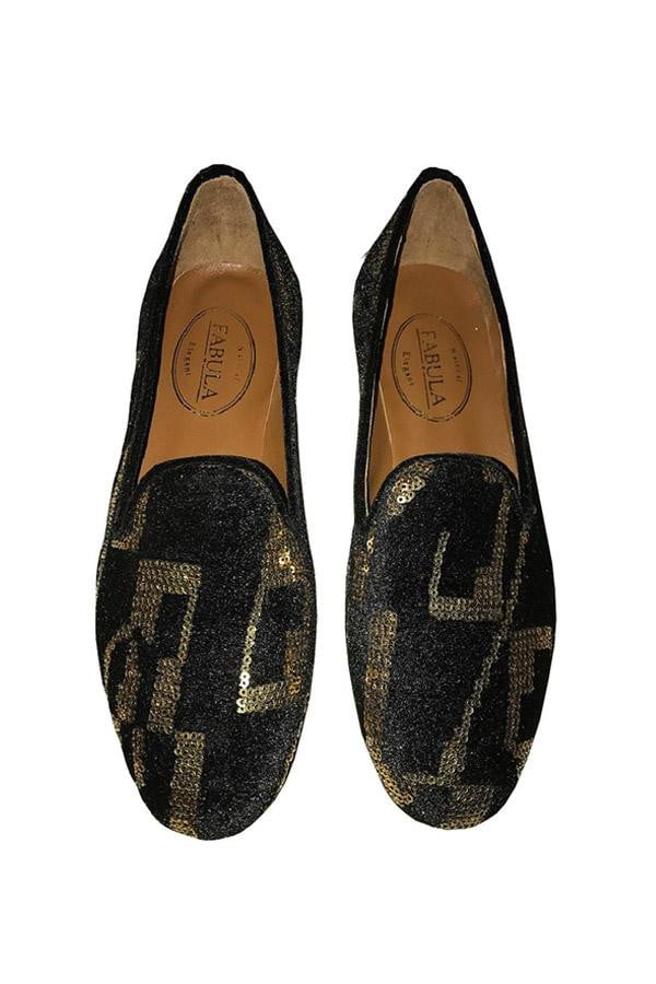 Black velvet slippers with golden sequins, natural leather soled and stacked wooden heel.