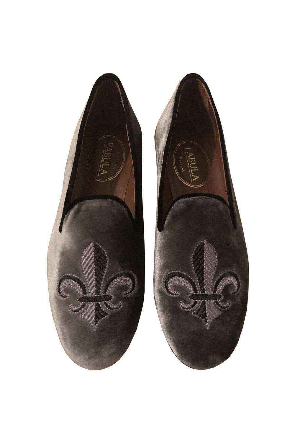 gray velvet slippers with a fleur de lis emrbroidery