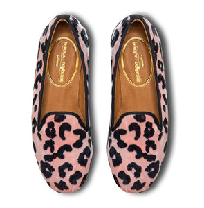 mother and daughter pink velvet mules with leopard pattern