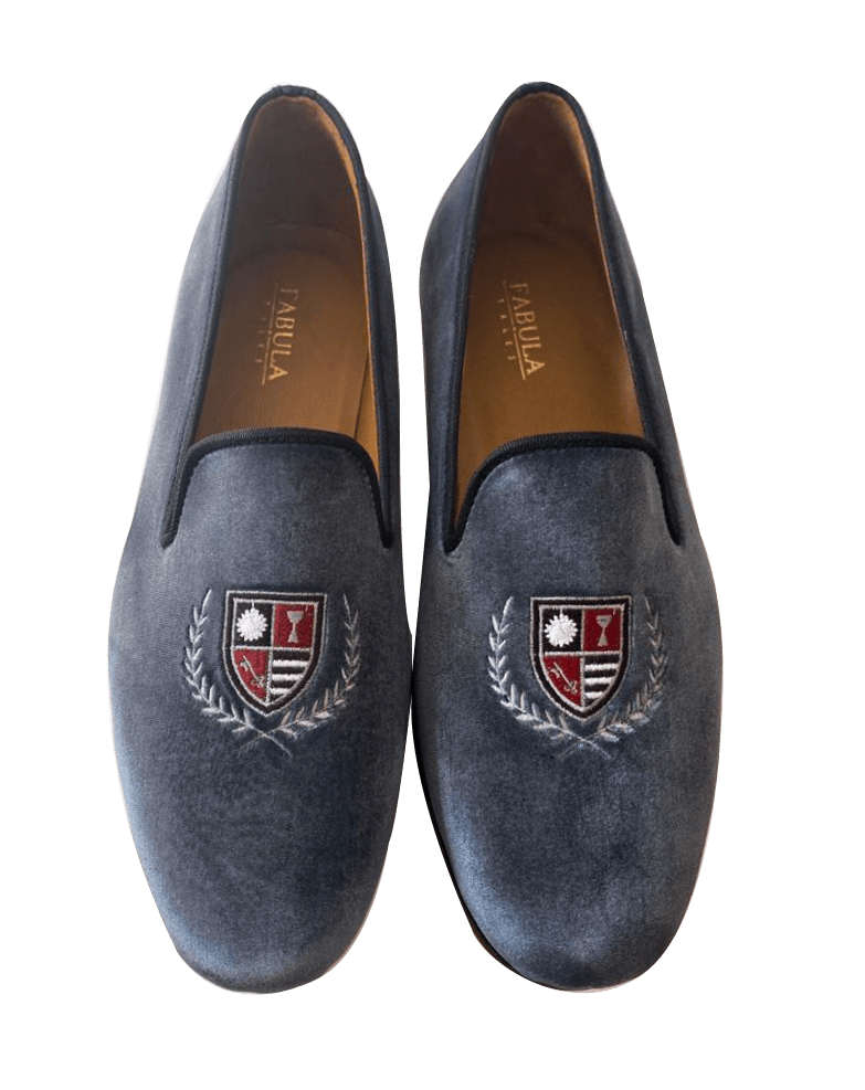 Gray velvet slippers with golf embroidery, natural nubuck leather sole. Bespoke handmade slippers