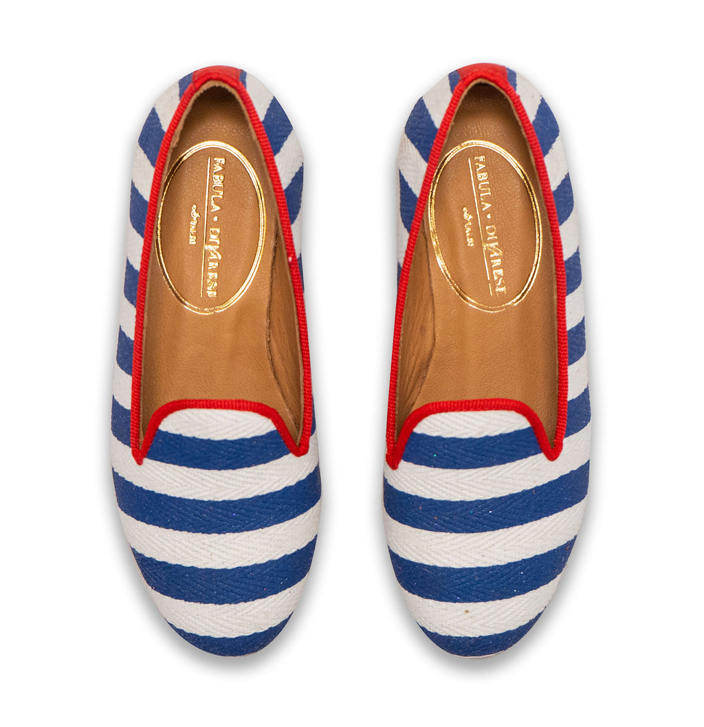 mother and daughter linen shoes with white and navy stripes