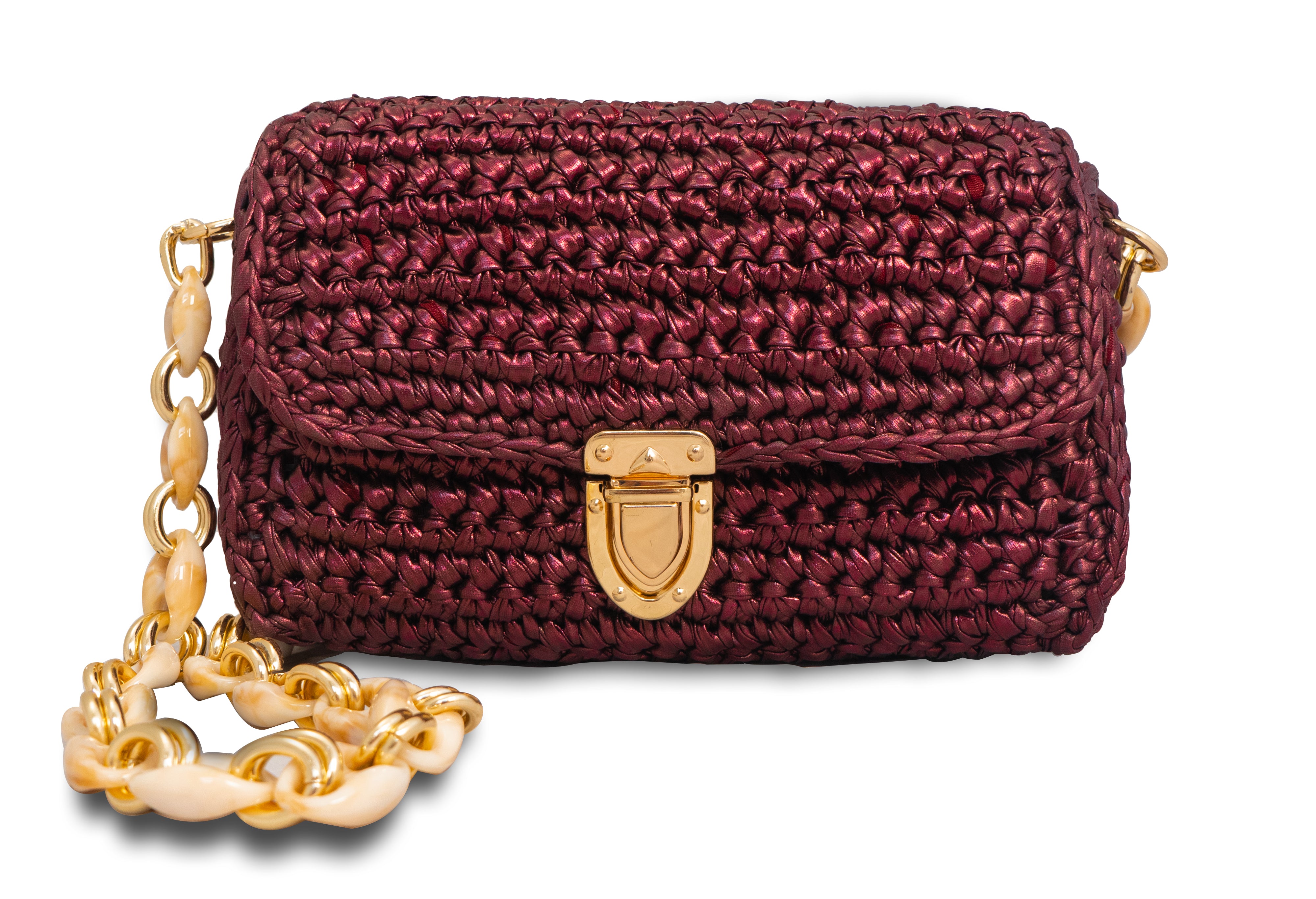 handmade burgundy crochet bag with a beige shoulder chain
