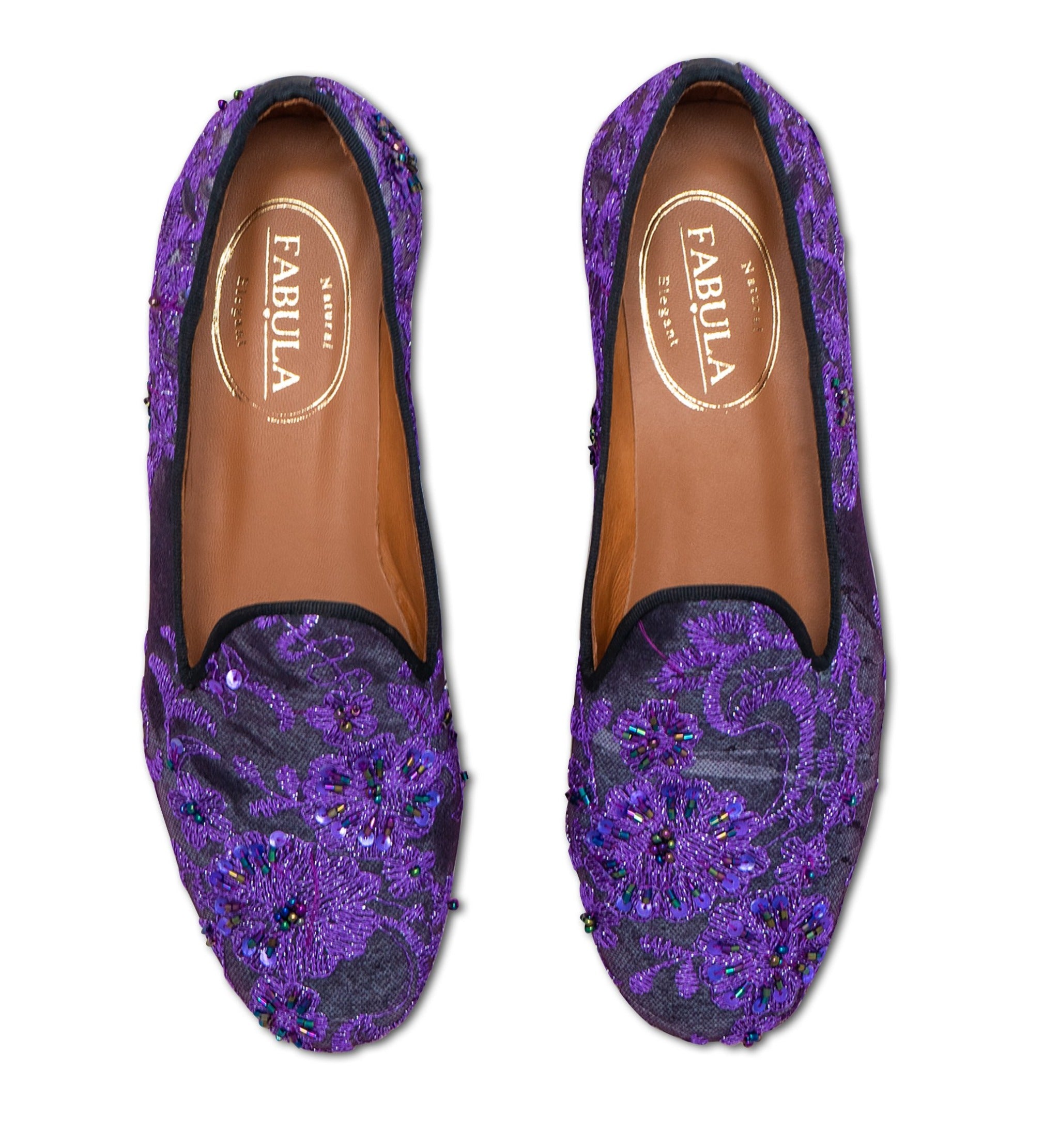 gray velvet slippers with handmade glittery purple embroidery