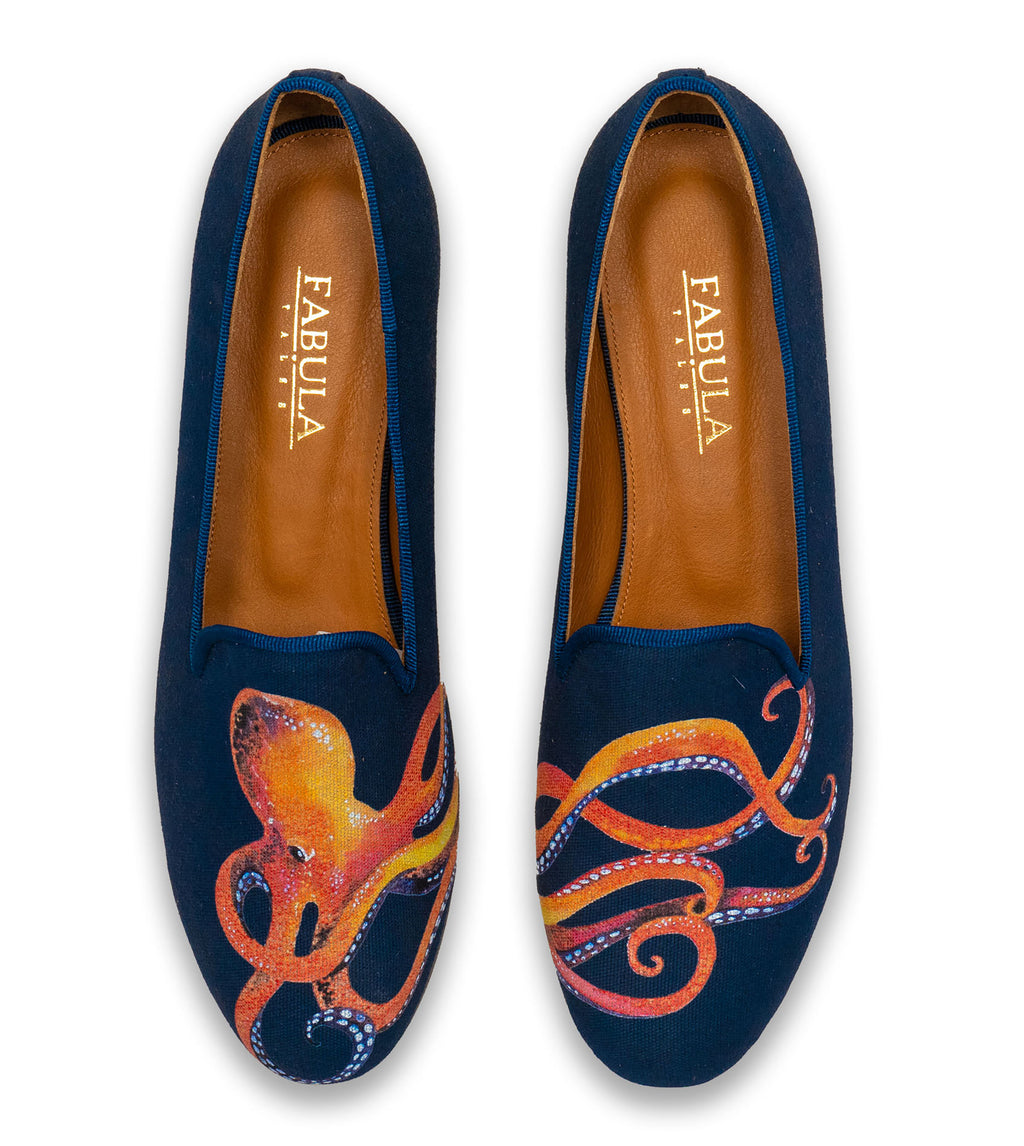 handmade navy prince albert shoes with an orange octopus print