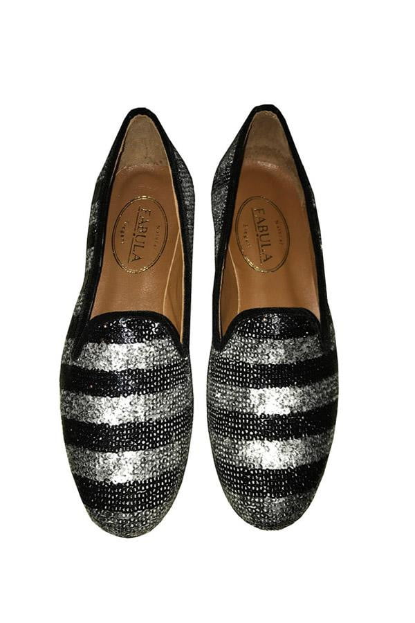 handmade gray and black striped glittery slippers