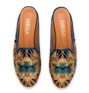handmade open back slippers with a golden embroidery 