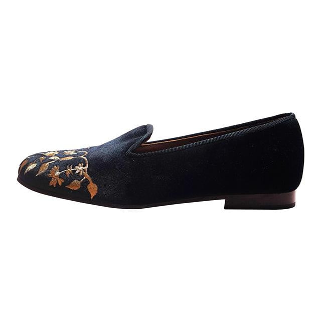 Black velvet slippers with golden embroidery. Natural leather nubuck soled.