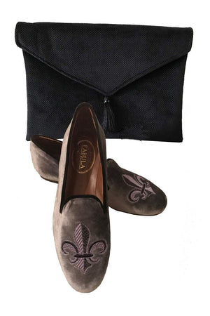 gray prince albert slippers with fleur de lis embroidery